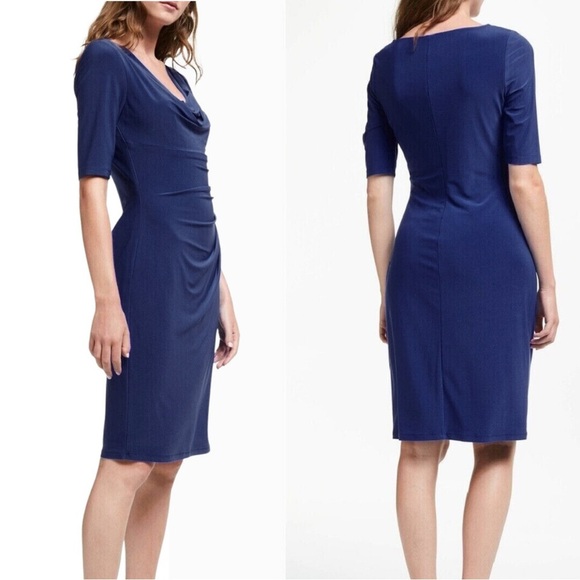 LAUREN Ralph Lauren Carleton Jersey Cowl Neck Sheath Dress Navy Blue Cocktail 16 - Picture 1 of 10